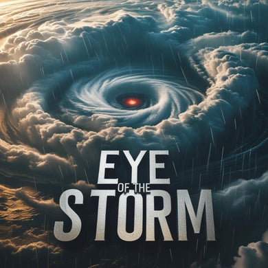 Turbulent stormy sky with swirling clouds and text 'Eye of the Storm' for cheer song